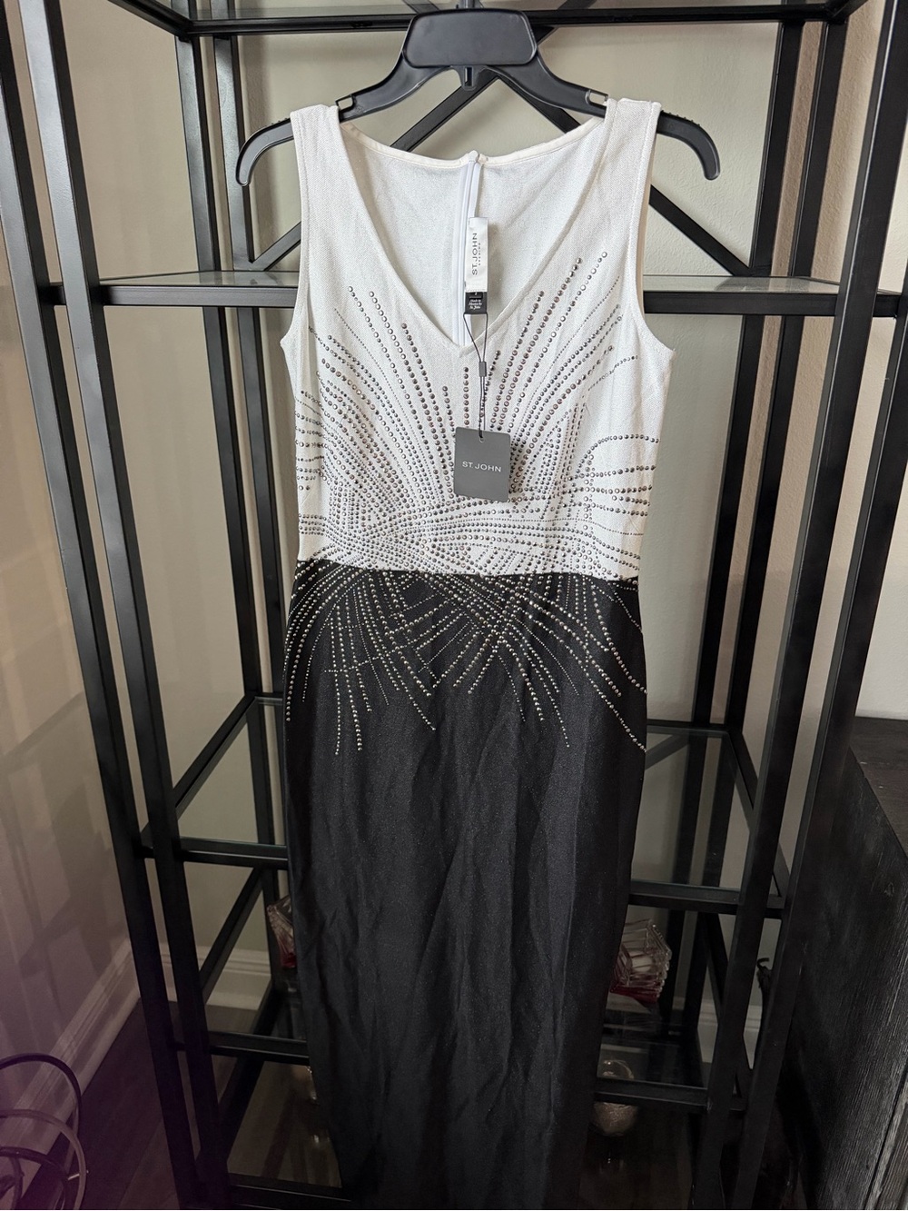 St. John White and Black Sleeveless Embellished Maxi Dress